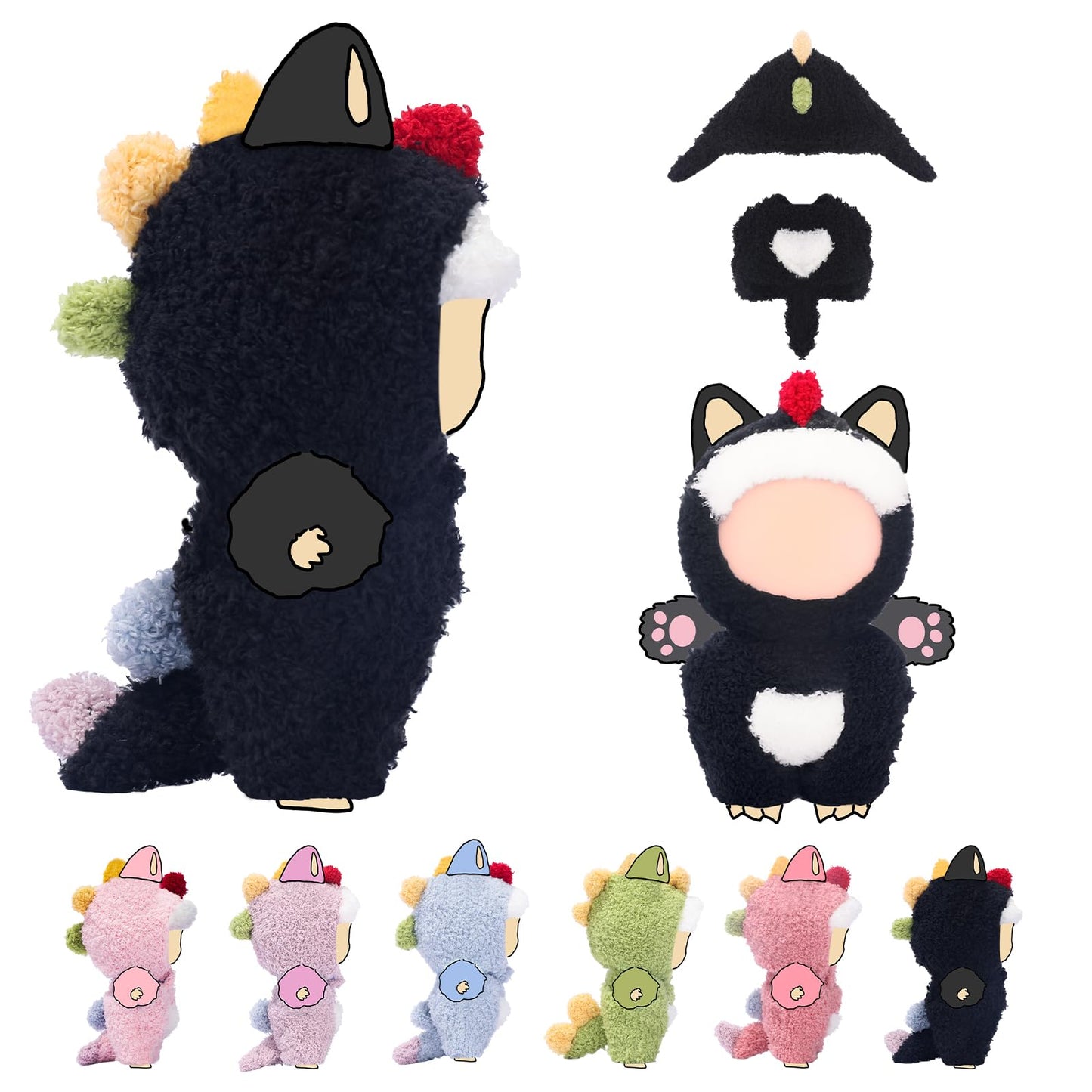 17cm (6.7inch) Doll Clothes, Outfits for Clothes Set, Dino Dolls Keychain Accessories, Faking Animal Style Outfit Jumpsuit Dinosaur Costume for Dolls (Black) (Doll Not Included)