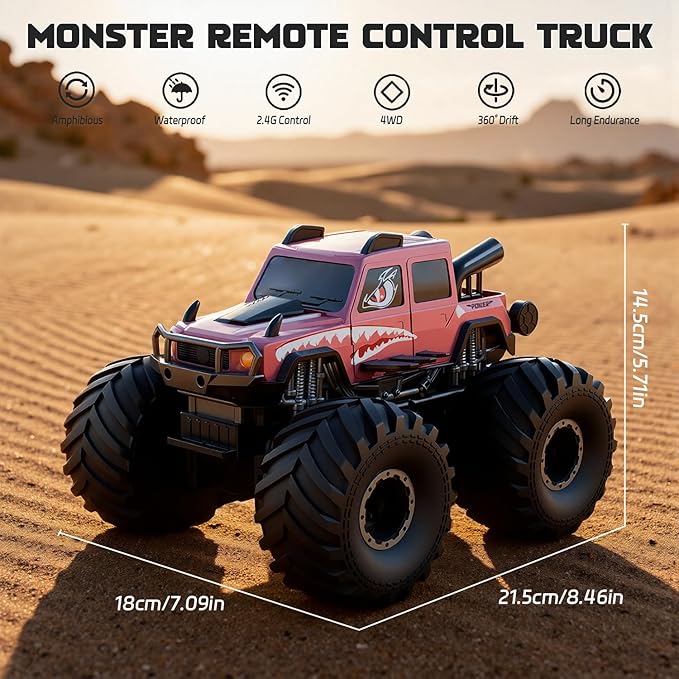 Amphibious Remote Control Trucks,2.4G 1:18 4WD All Terrain Off-Road Waterproof Monster RC Cars Pool Toys Hobby RC Vehicle Christmas Birthday Gifts for Kids Boys Girls 8 9 10 11 12+ Pink