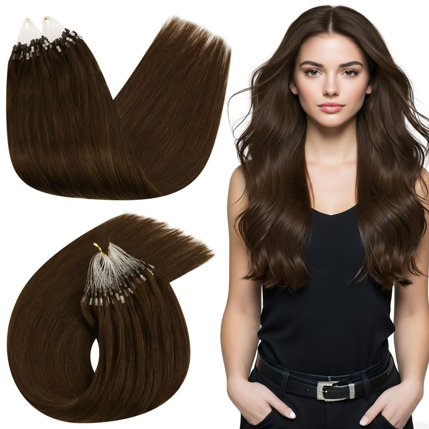 Ugeat Microlink Hair Extensions Chocolate Brown for Salon Micro Loop Real Human Hair Extensions Chocolate Brown Micro Bead No Gl