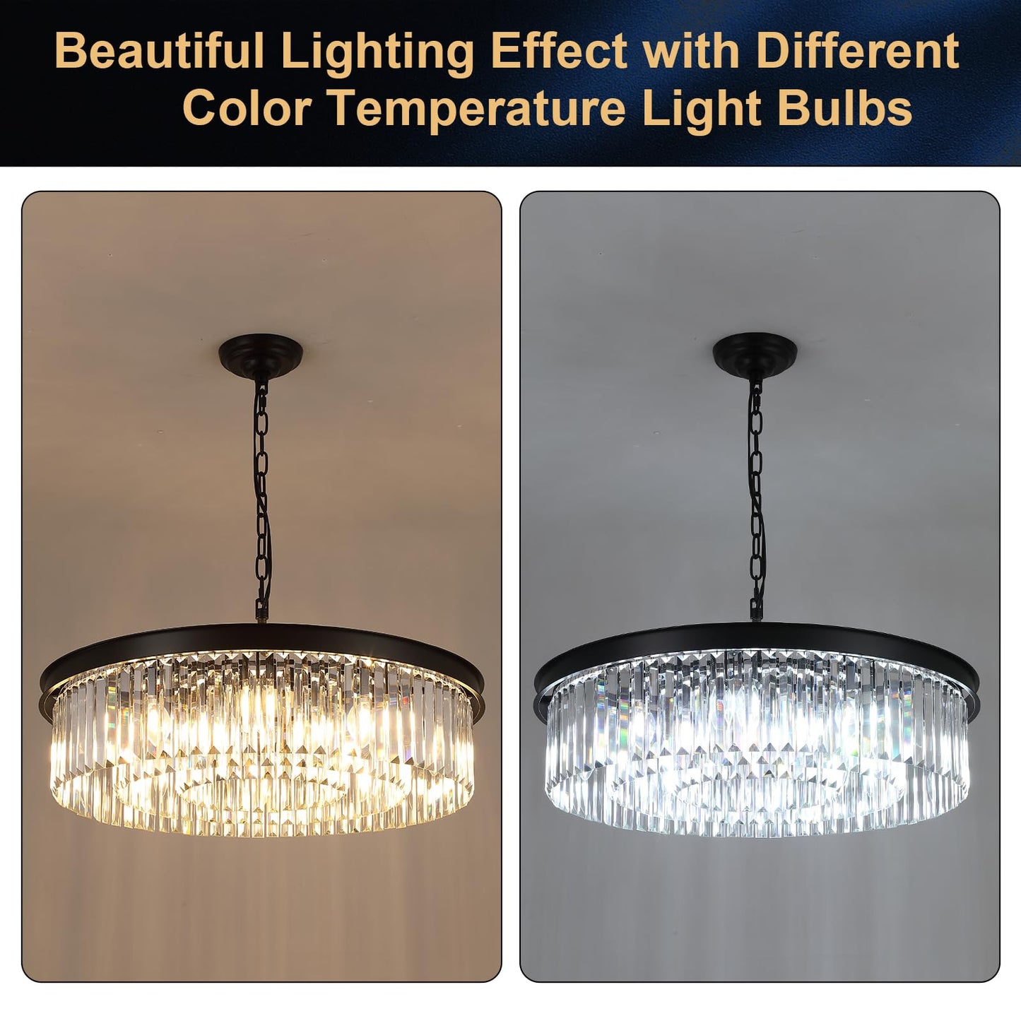 A AXILIXI 30in  Modern Crystal Chandelier, 12-Light, Black Metal, K9 Crystal, Model 88317, Ideal for Living Room, Dining Room, Foyer