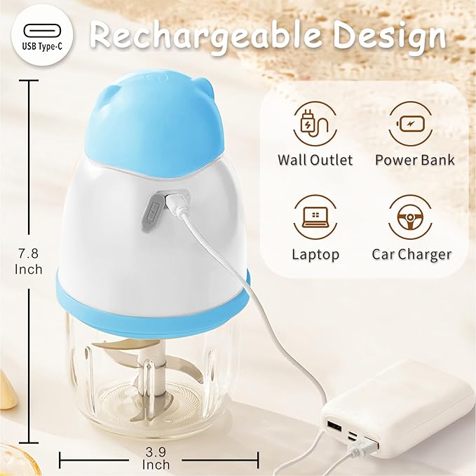 Baby Food Maker, Cordless Food Processor Puree Blender with 350ml Glass Bowl ＆ 6 Sharp Blades, Small Wireless Chopper Baby Puree Maker, Mini Rechargeable Chopper Kitchen Mixer for Veggie, Xmas Gift