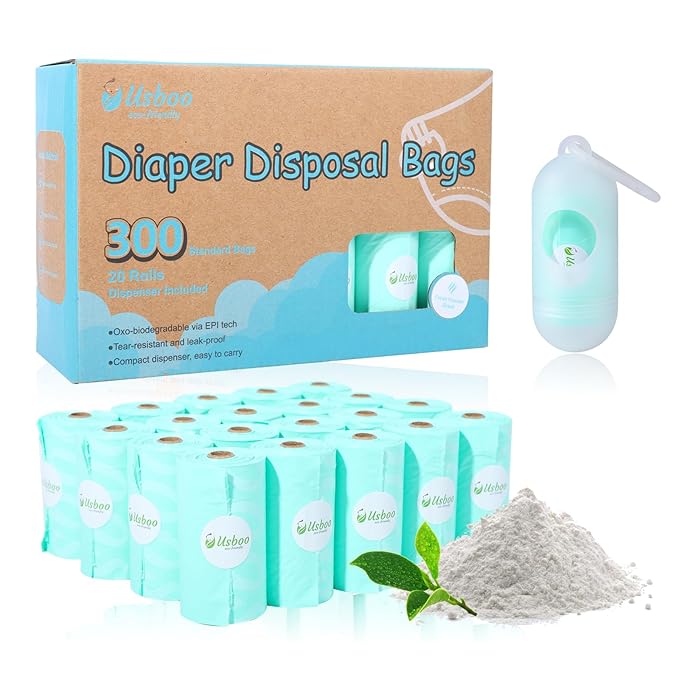 Diaper Bags Disposable for Baby - 20 Refill Rolls (300 Pack) Diaper Trash Bags with Dispenser, Diaper Bag Accessory, Fresh Powder Scent
