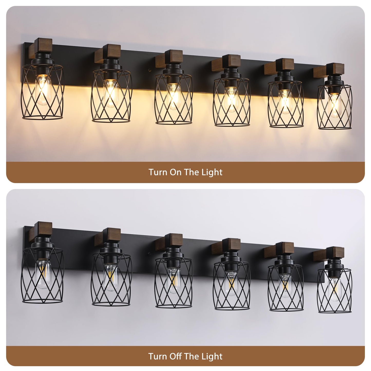 Xvmbvm Farmhouse Bathroom Vanity Light  6-Light Wood Bathroom Light Fixtures Over Mirror  Black Industrial Vanity Lights With Metal Shade  Rustic Bathrooms Lighting For Living Room  Bedroom  Hallway