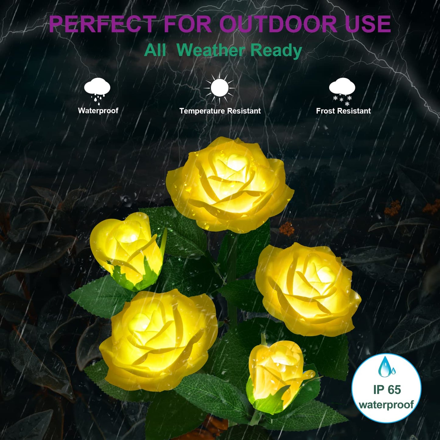 YWYWLED Solar Flower Lights - LED Waterproof Stake Lights with 5 Roses, Yellow, 2 Pack, Model 2023-5-12