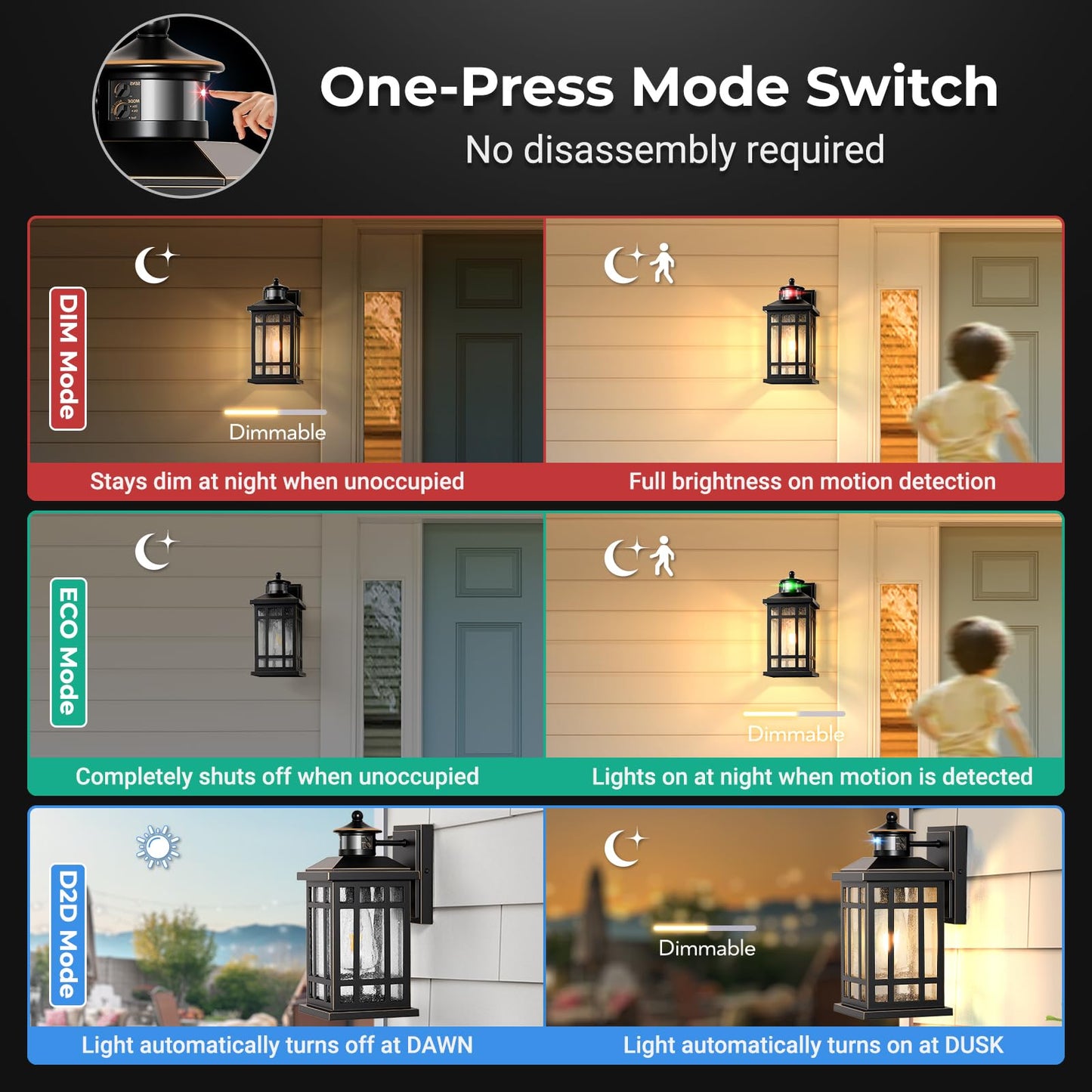 Opaxis Motion Sensor Outdoor Lights  Black Dusk To Dawn Outdoor Lighting With Tempered Glass  Aluminum Waterproof Anti-Rust Outside Wall Light Fixtures  Adjustable Sensitivity & Brightness  Hardwired