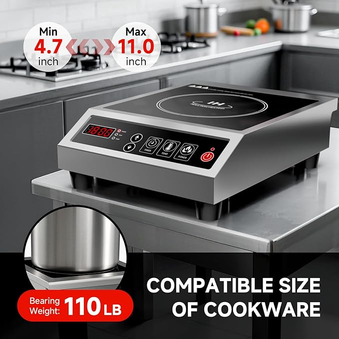 Induction Cooktop Commercial 1800W, Portable Countertop Burner with 8" Fast Heating Coil, 11 Temp/Power Levels, 24H Timer Stainless Steel Electric Stove for for RV Home Kitchen