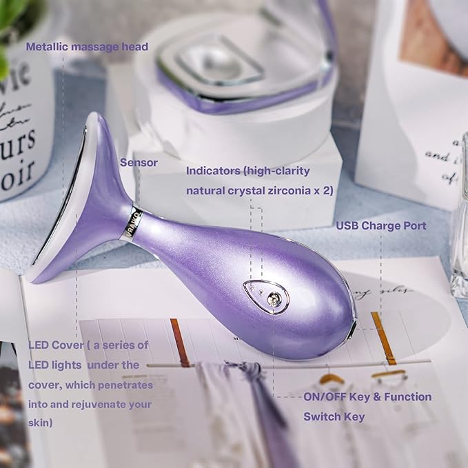 Lily Neck Face Massager, Face Sculpting Tool, Skin Rejuvenation Device with Thermal, Triple Action LED and Vibration, for Anti-Aging, Lifting and Tightening Sagging Skin (Violet)