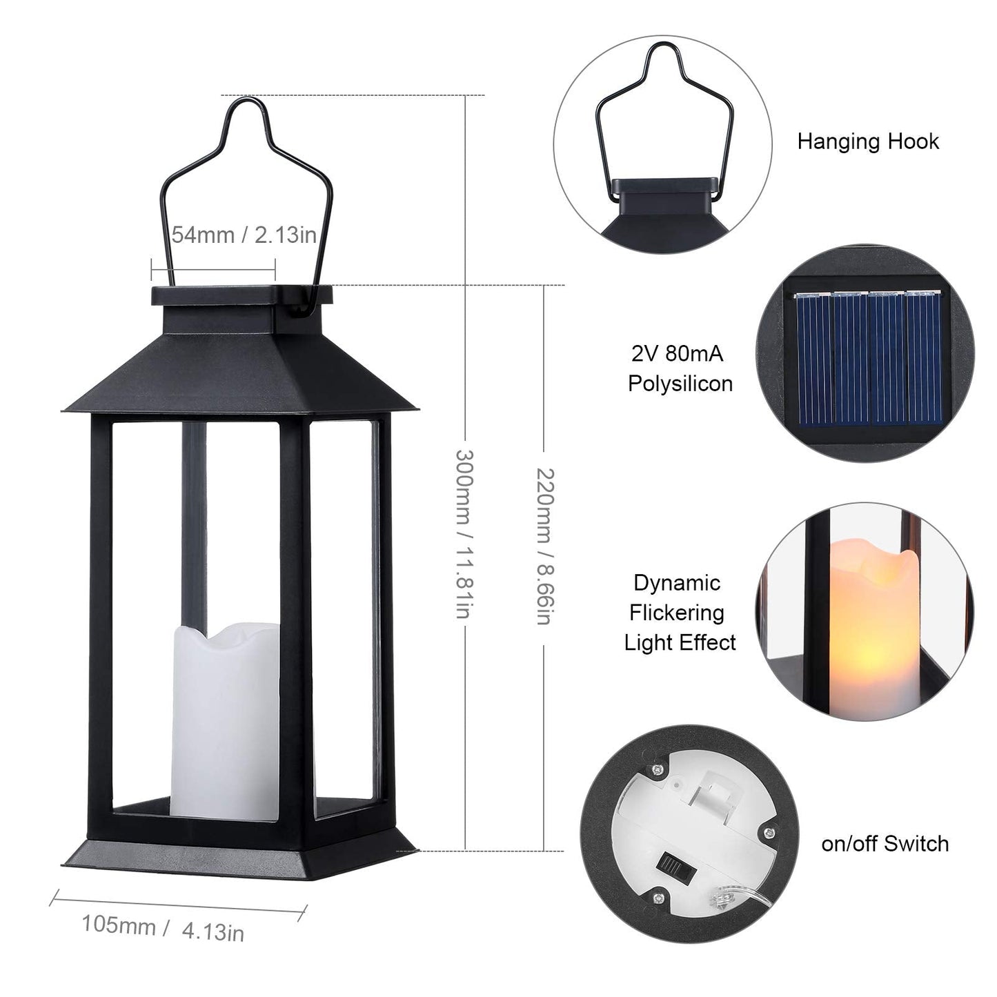 Tomshine Solar Lanterns 2 Pack, 11.8 Led Flameless Candle Lights, Outdoor Hanging, Black