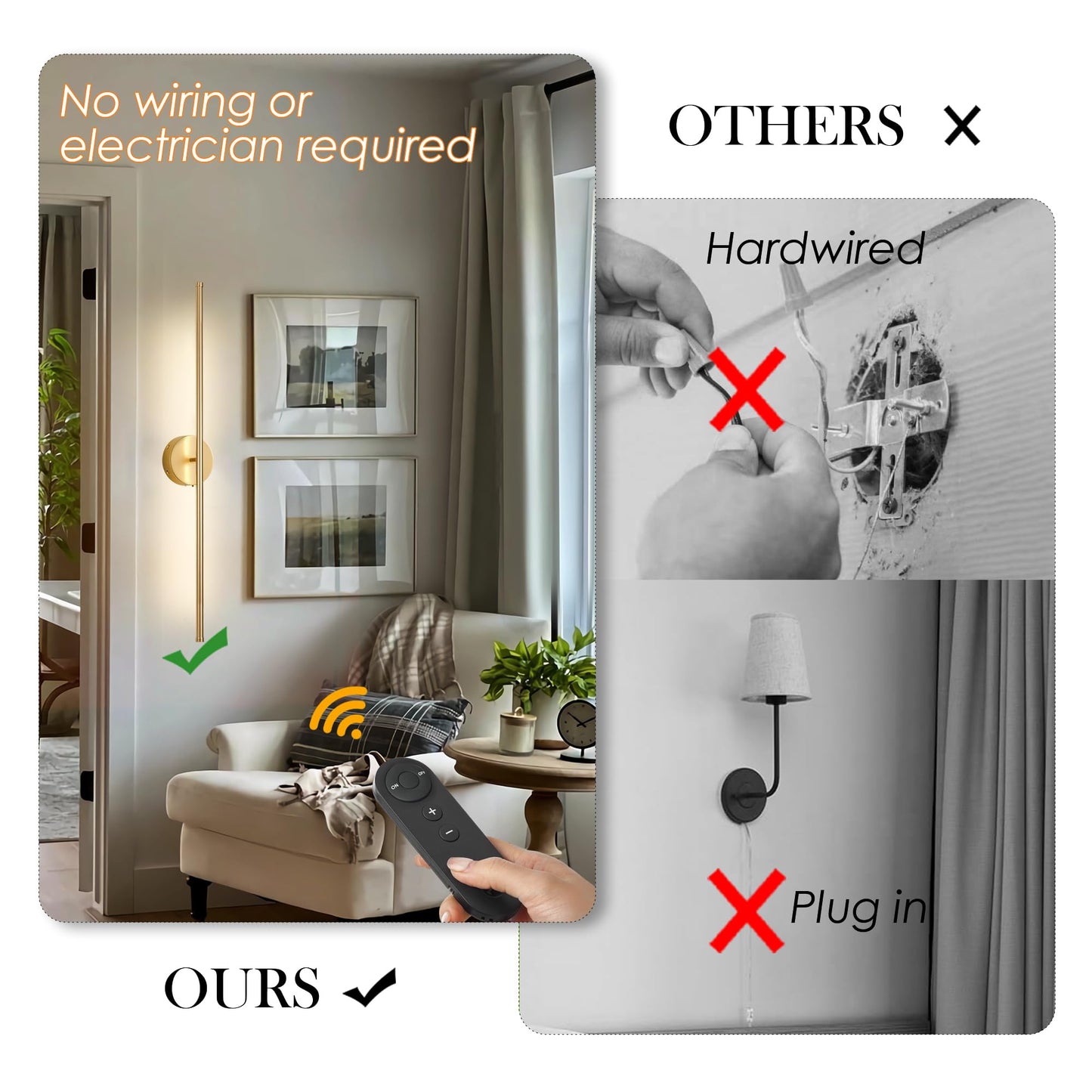 KARTOOSH Battery Operated Wall Sconces Set of Two, Dimmable, 40.1 Inch, Gold, Remote Control, 350° Rotate, Model ZM317BGD