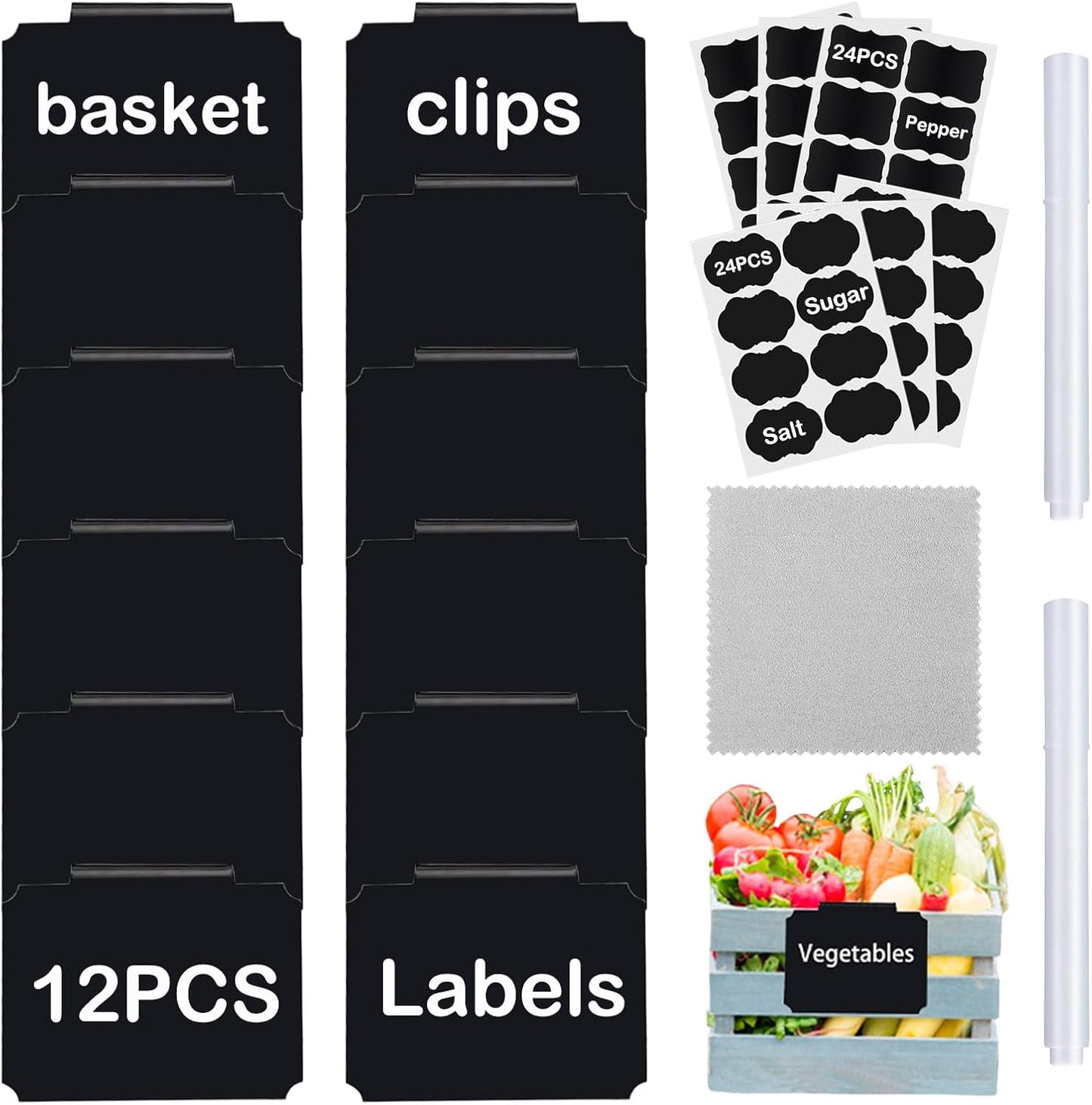 Basket Labels Clip Set - 12 Removable PVC Bin Label Holders with 2 Chalk Markers - Kitchen Clip Labels for Storage Baskets, Boxes, and Containers