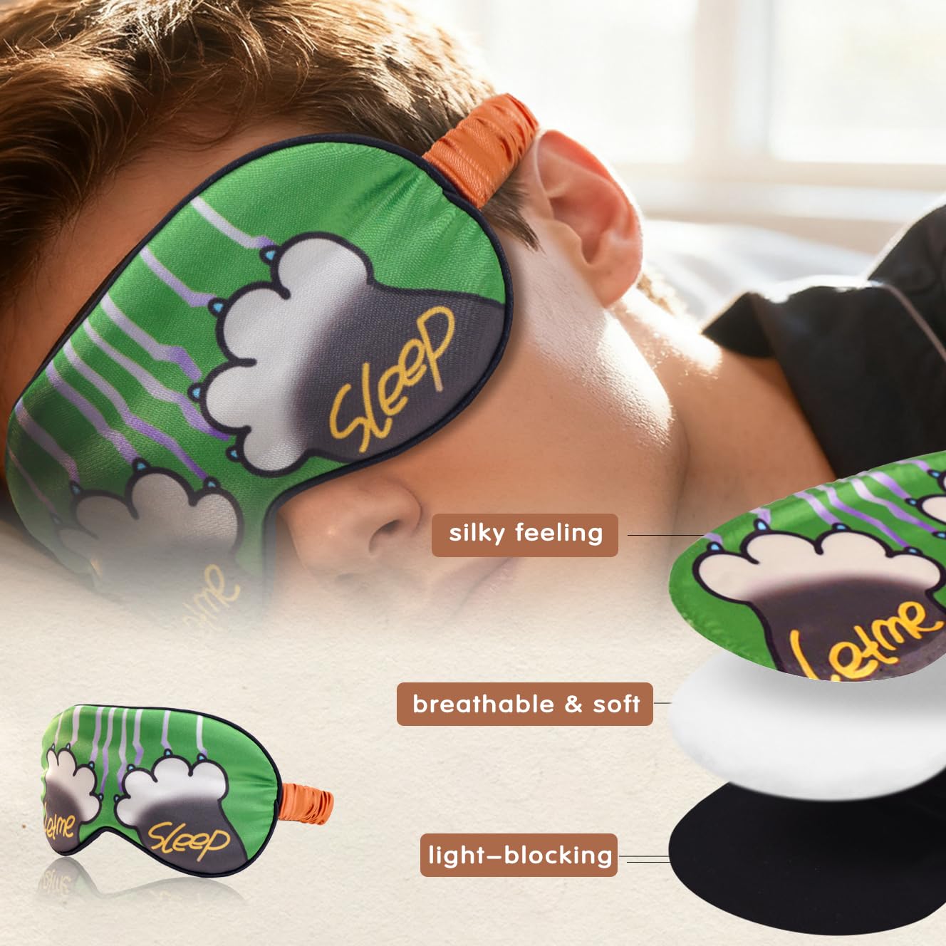 BERMIFA Sleep Masks, 3 Packs Silky Satin Eye Masks for Sleeping,Effective Light Blocking Blindfold for Men Women, Cute Cat Paw Design, with No-Pressure Elastic Strap