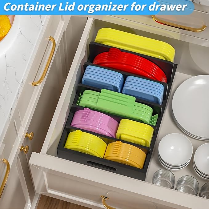 Bamboo Lid Organizers Inside Cabine, Lid Organizer Kitchen Cabinet with 5 Adjustable Dividers, Food Container Plastic Lids Organizer Holders for Drawer Pantry, Black