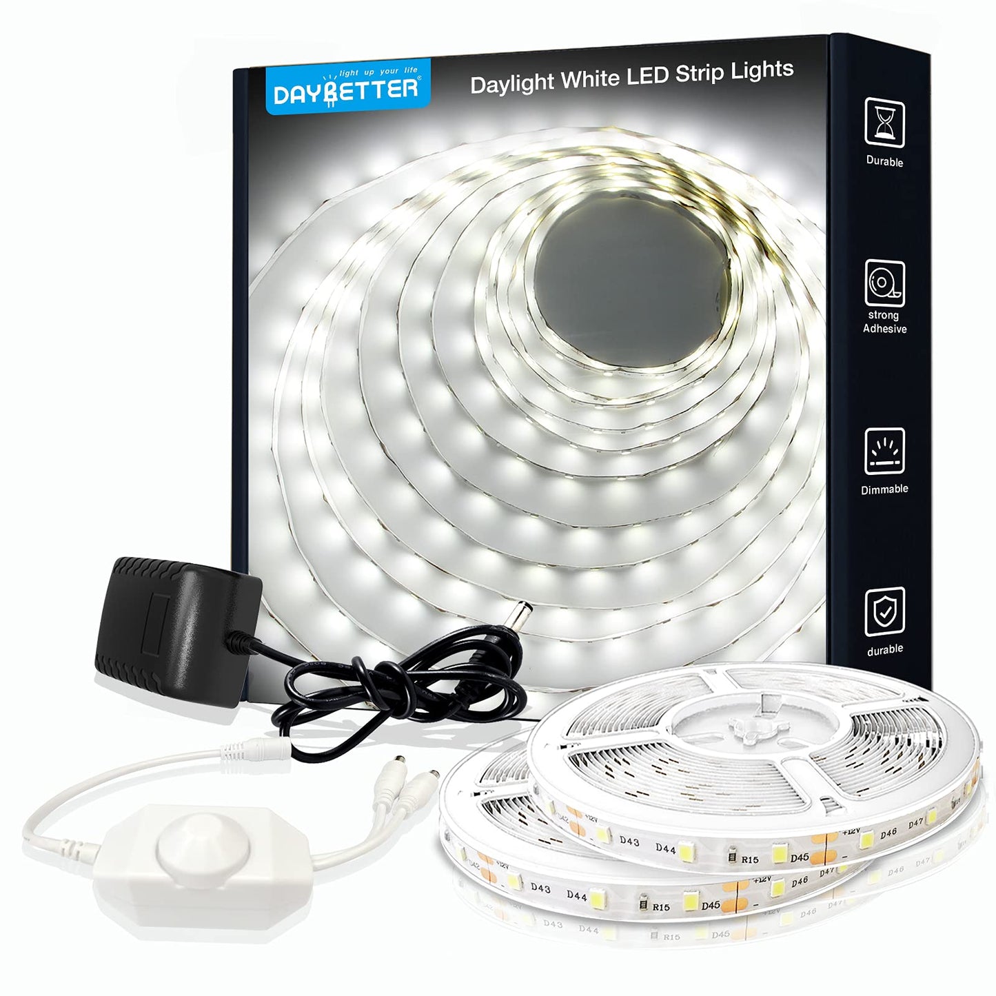 DAYBETTER LED Strip Light 40ft Dimmable 6500K 720 LEDs Daylight White FLSLS2012WUS