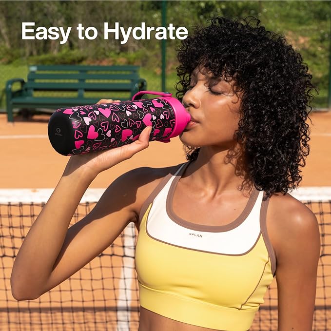ENCOOL Valentine's Day Insulated Water Bottle with Straw Stainless Steel Water Bottle, Leak-Proof, BPA-Free, Keeps Cold for 24 Hours for Sports, Travel, School (26 oz, Sweet Hearts Pink x Black)