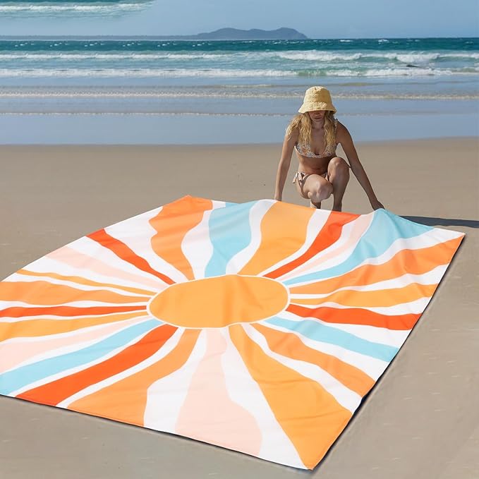 Beach Blanket Waterproof Sandproof, Oversized Picnic Blankets with Stakes and Sand Pockets, Lightweight Quick Drying, Extra-Large Portable Beach Mat for Outdoors, Camping, Hiking Trips-Summer Sunshine