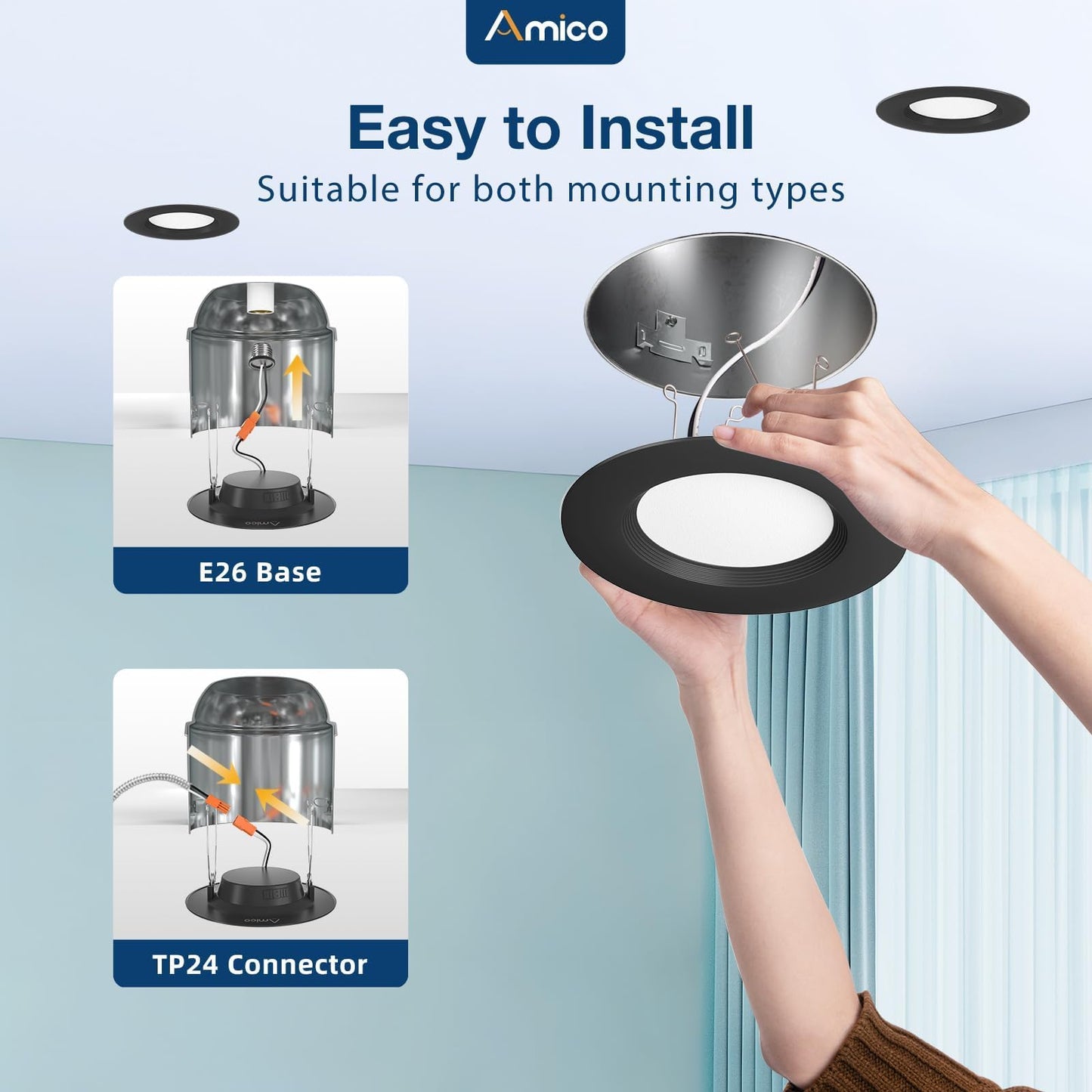 Amico 4 Pack 5/6 Inch 5Cct Led Recessed Lighting  Dimmable  12.5W=100W  950Lm  2700K/3000K/4000K/5000K/6000K Selectable  Retrofit Can Lights With Baffle Trim  Ic Rated - Etl & Fcc  Black