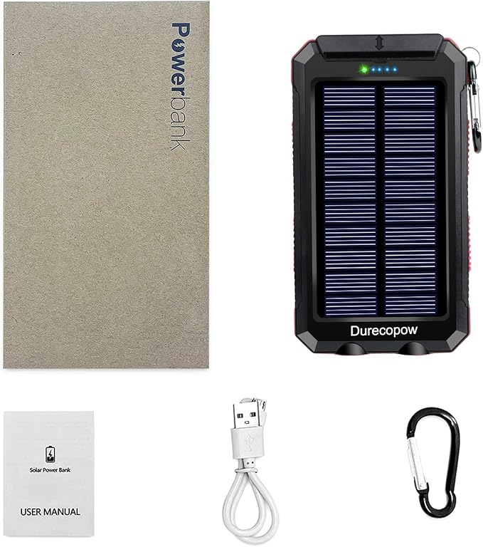 Solar Charger Power Bank, 20000mAh Portable Outdoor Waterproof Solar Battery Charger, Camping External Backup Battery Pack USB C Ports Input/Output, 2 Led Light Flashlight with Compass (Red)