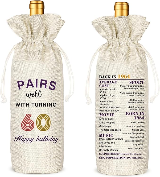 60th Birthday Gift for Women Men,60th Birthday Wine Bag,1964 Birthday Wine Bag,60 Years Old Birthday Party Decor Gift (60 BIRTHDAY)