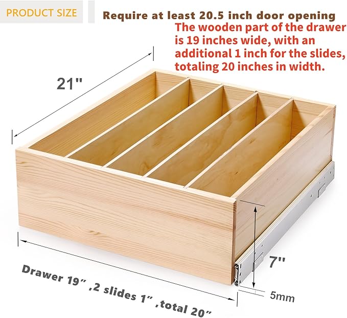 Pull Out Cabinet Organizer with Divider, 20''W×21''D×7''H Soft Close Wood Drawer for Kitchen Pantry, Finished, Heavy-Duty, Bottom Assembly (Wood Drawer Part Width is 19'')