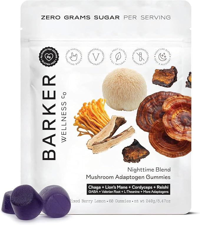 Barker Wellness Nighttime Vegan Sugar-Free Adaptogen Mushroom Gummies – Reishi, Lion's Mane, Chaga, Cordyceps for Calm, Re...