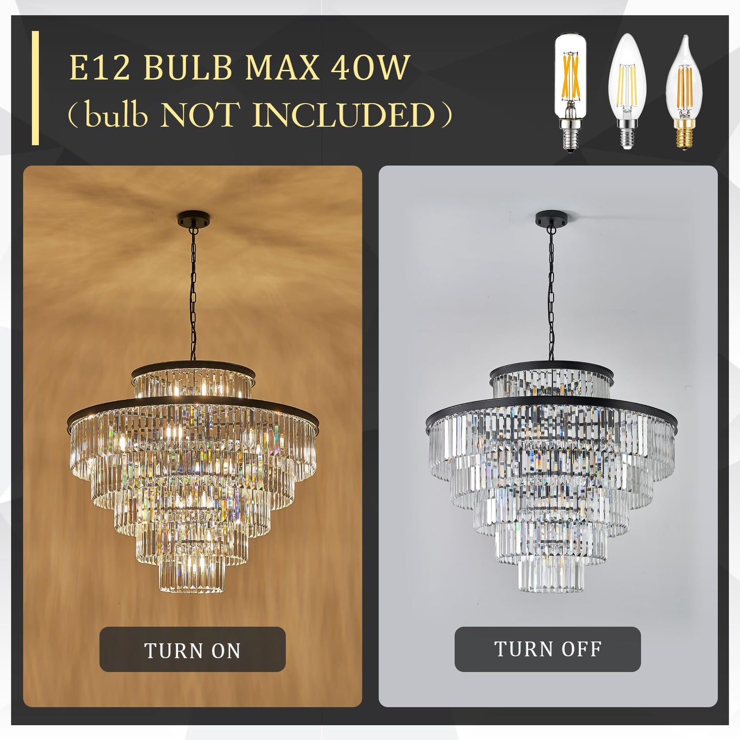 Large Crystal Chandeliers 23 Lights 36 Modern Black stylish Chandelier For Foyer Staircase Chandeliers 6 Tiers Round K9 Ceiling Pendant Lighting Fixture For Living Dining Room