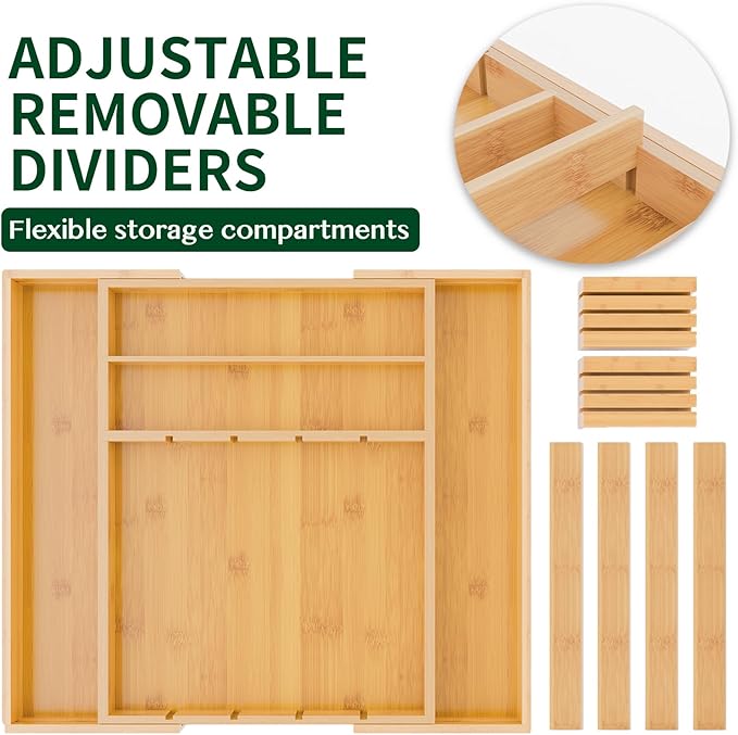 Bamboo Silverware Drawer Organizer, Expandable 13" to 20" Wide Kitchen Utensil Holder with 2 Knife Blocks, 7-9 Slots Cutlery Tray for Flatware (Natural)