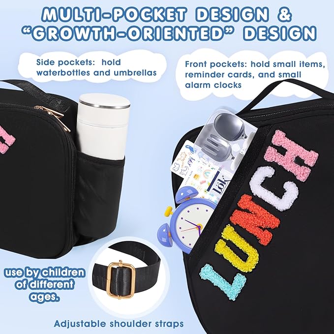Lunch Bag Kids,Insulated Lunch Bag With Adjustable Shoulder Strap,Reusable Lunch Bag for Kids, Girls,Boys, lunch Bag Women,Preppy Lunch Box for School,Travel, Picnic (black)