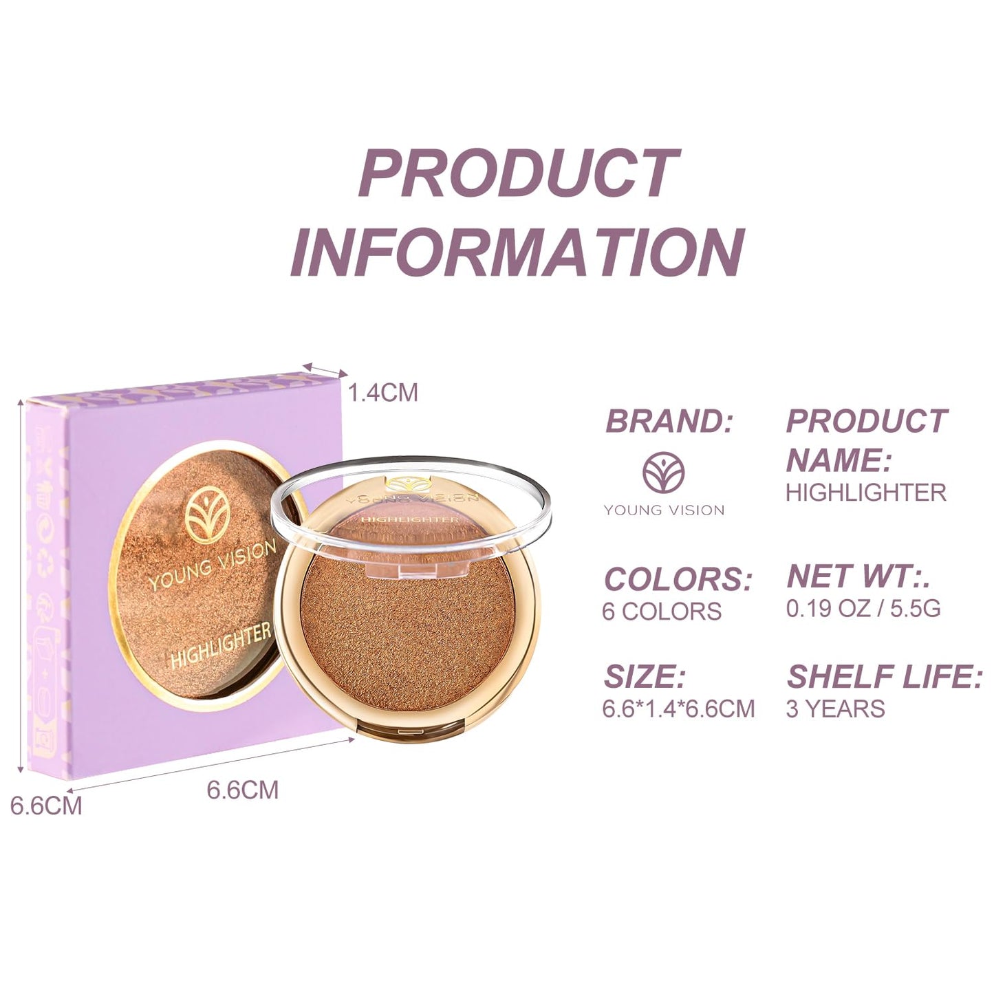 YOUNG VISION Pressed Powder Highlighter, Baked Natural Glow Contour Powder & Face Highligher, Cruelty-Free, Shimmer Highlighting