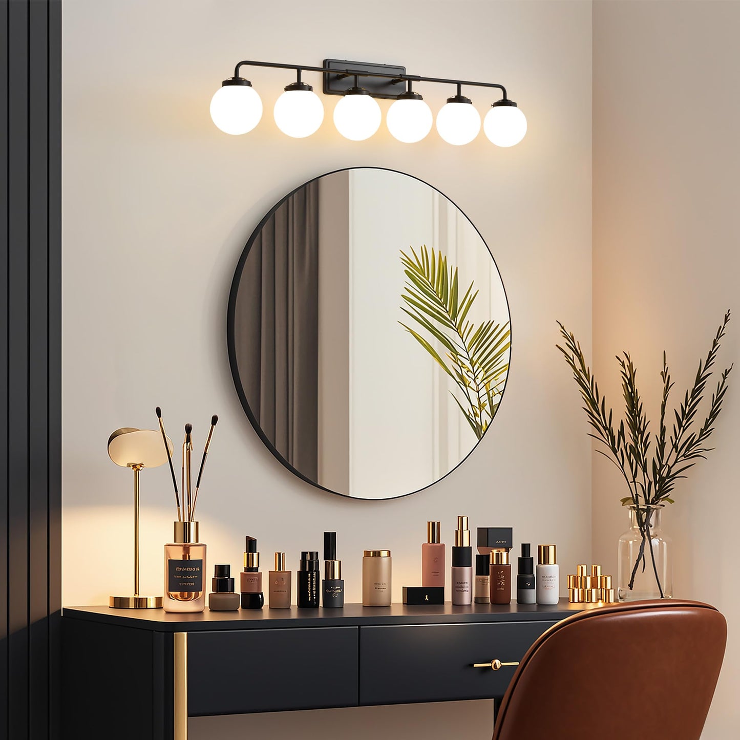 Deyidn Bathroom Light Fixtures Over Mirror, 6-Light Matte Black Vanity Lighting with Milk White Glass Globe Shades Modern Wall Sconce