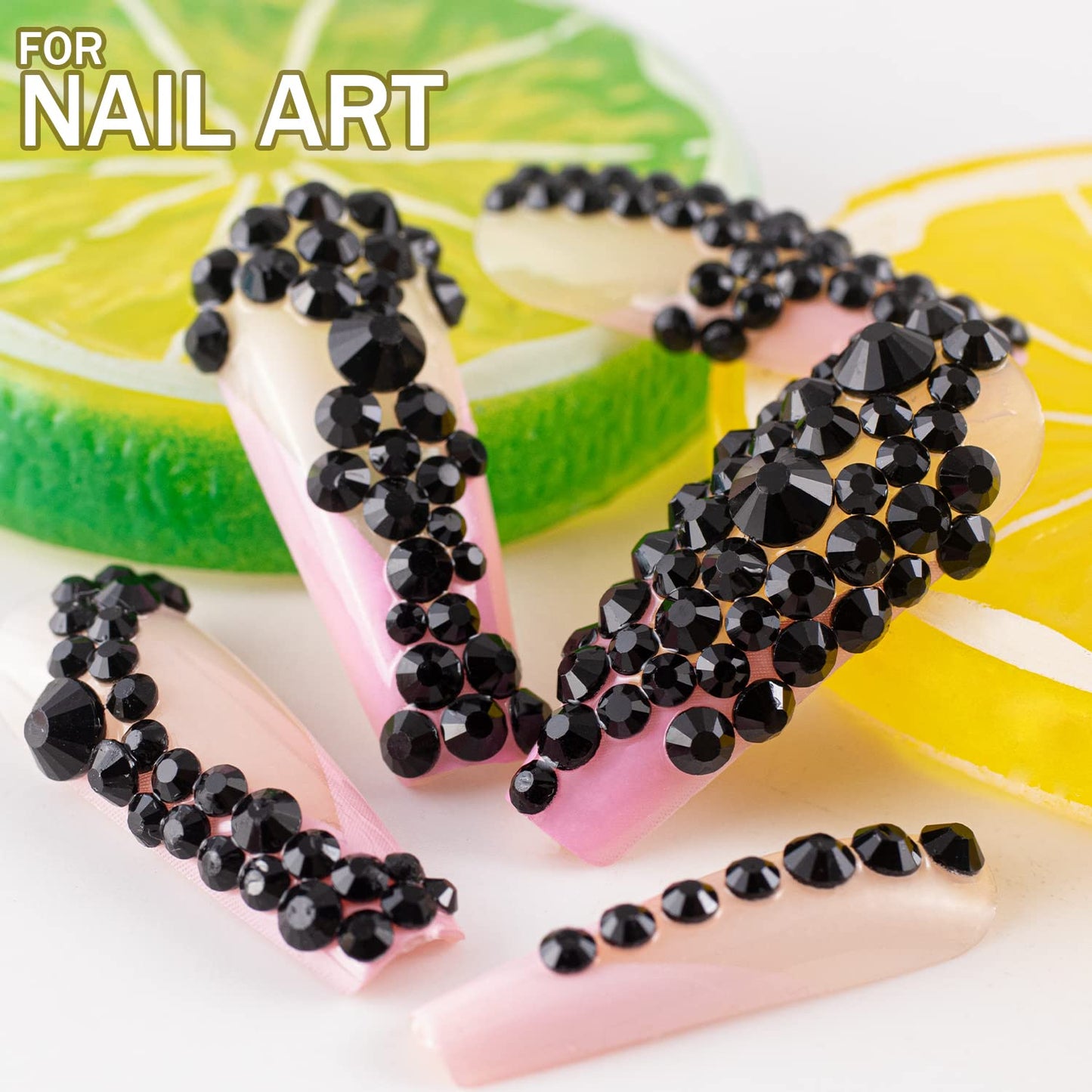One Pack 2000 Pcs of Flatback Round Black Rhinestones 6 Sizes (1.5-6 mm) with Nail Art Rhinestone Picker Pencil and Tweezers for