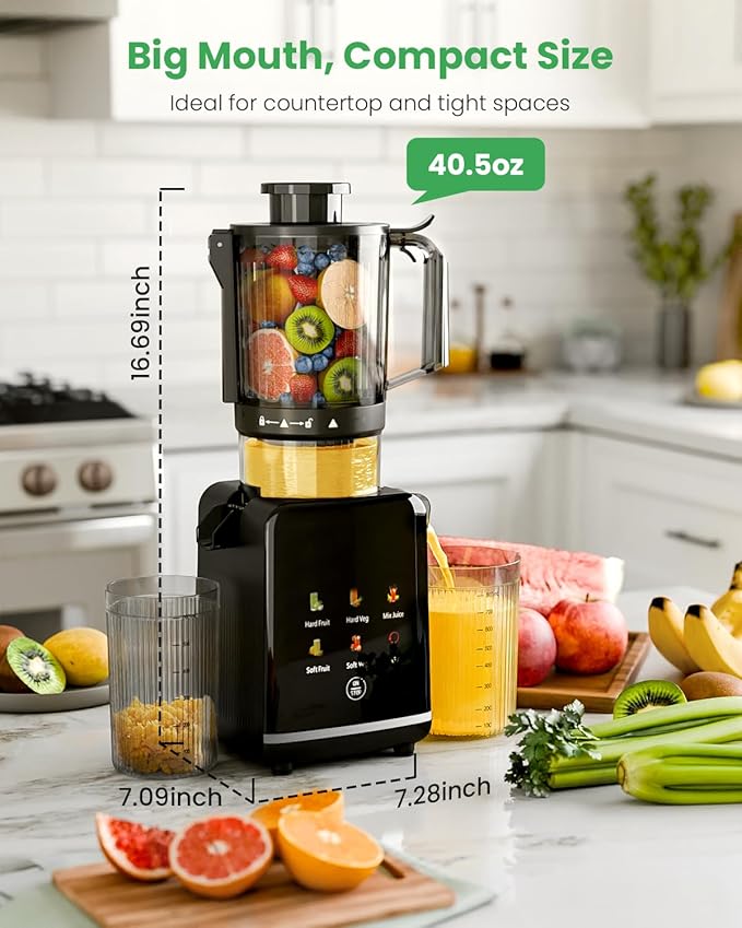 Kismile Cold Press Juicer Machine with 5 Modes, ABS Housing & HD Display, 4.35" Wide Feed Chute Slow Juicer for Fruits & Vegetables, Quiet Masticating Juicer Press, Easy to Clean, High Juice Yield