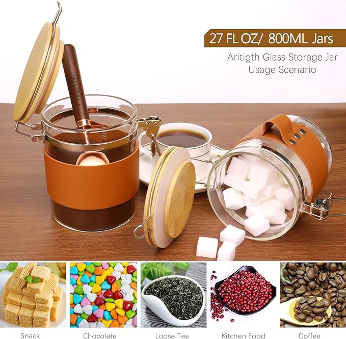 Glass Storage Jars with Spoon, Kitchen Food Storage jars with spoon, Glass Coffee Nuts Canister with Bamboo Lids, Scoop for Beans, Ground Coffee,Nuts, Cookie, Flour (27OZ×2)