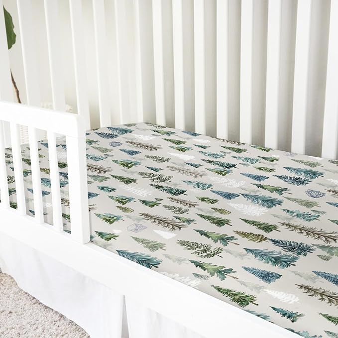 Boho Green Trees Baby Crib Sheet 52''x28'' Retro Pine Trees Stretchy Fitted Crib Mattress Cover for Boy Girl Winter Holiday Soft Baby Bed Sheets for Standard Crib and Toddler Mattresses
