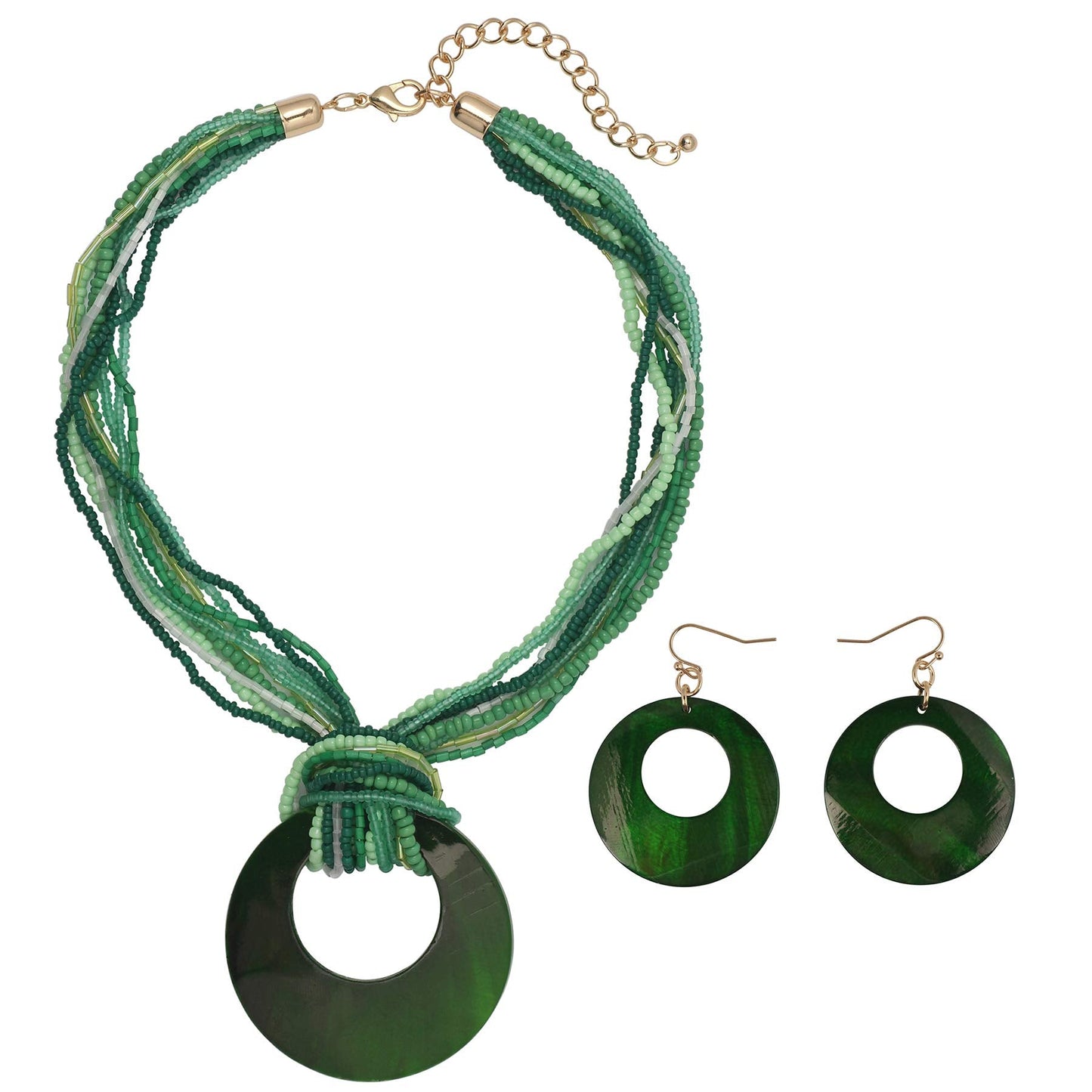 Coiris Multi Strand Statement Colorful Beaded Necklace Earrings Set with Big Circle Shell Pendant for Women (N0055-Dark Green)