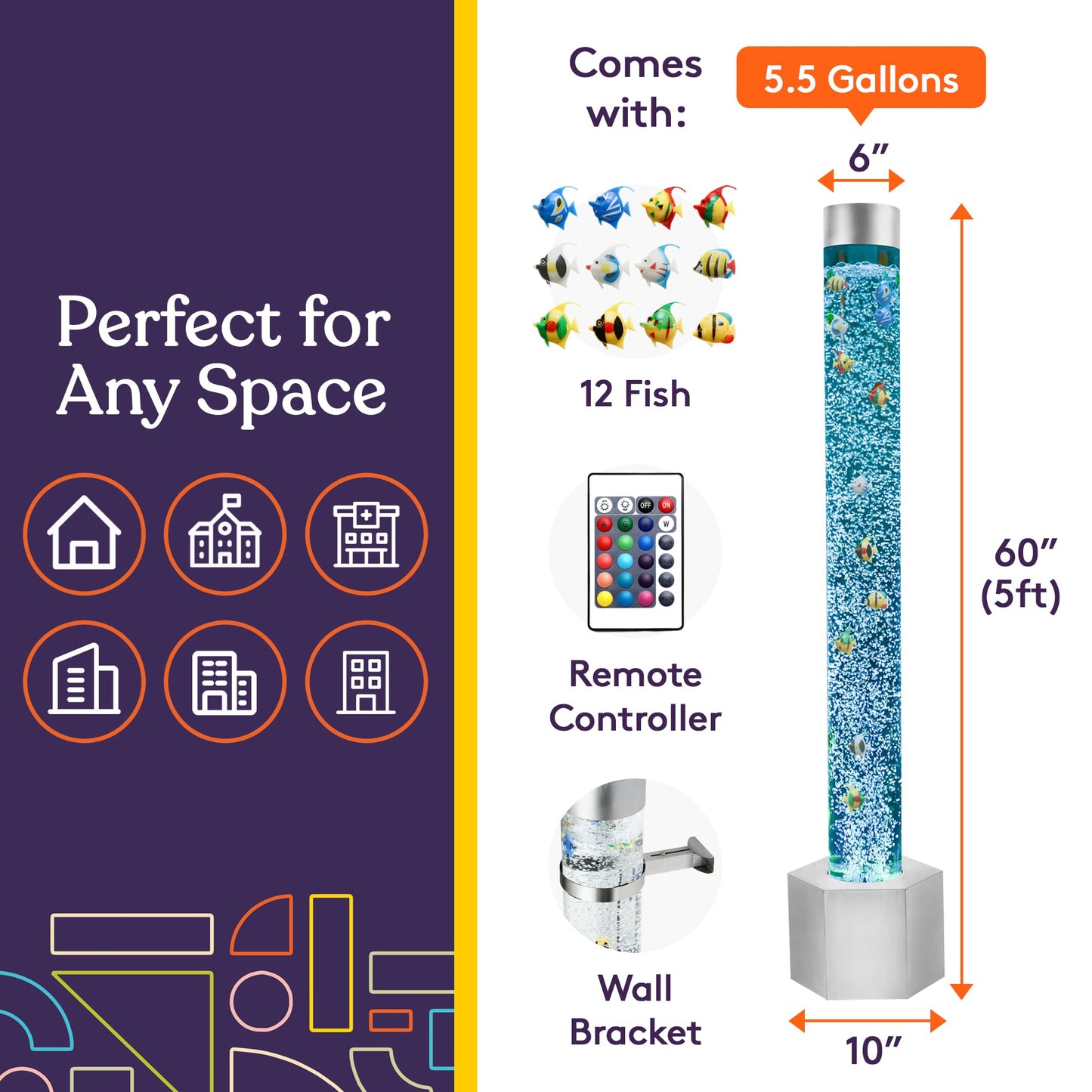 Special Supplies Aquarium Sensory Fish Bubble Light Tube With 16 Led Color Changing Nightlight Effect  Remote Control-Includes 12 Fish  Floor Standing Lamp For Kids And mature-themeds (5 Ft) (Hexagon)