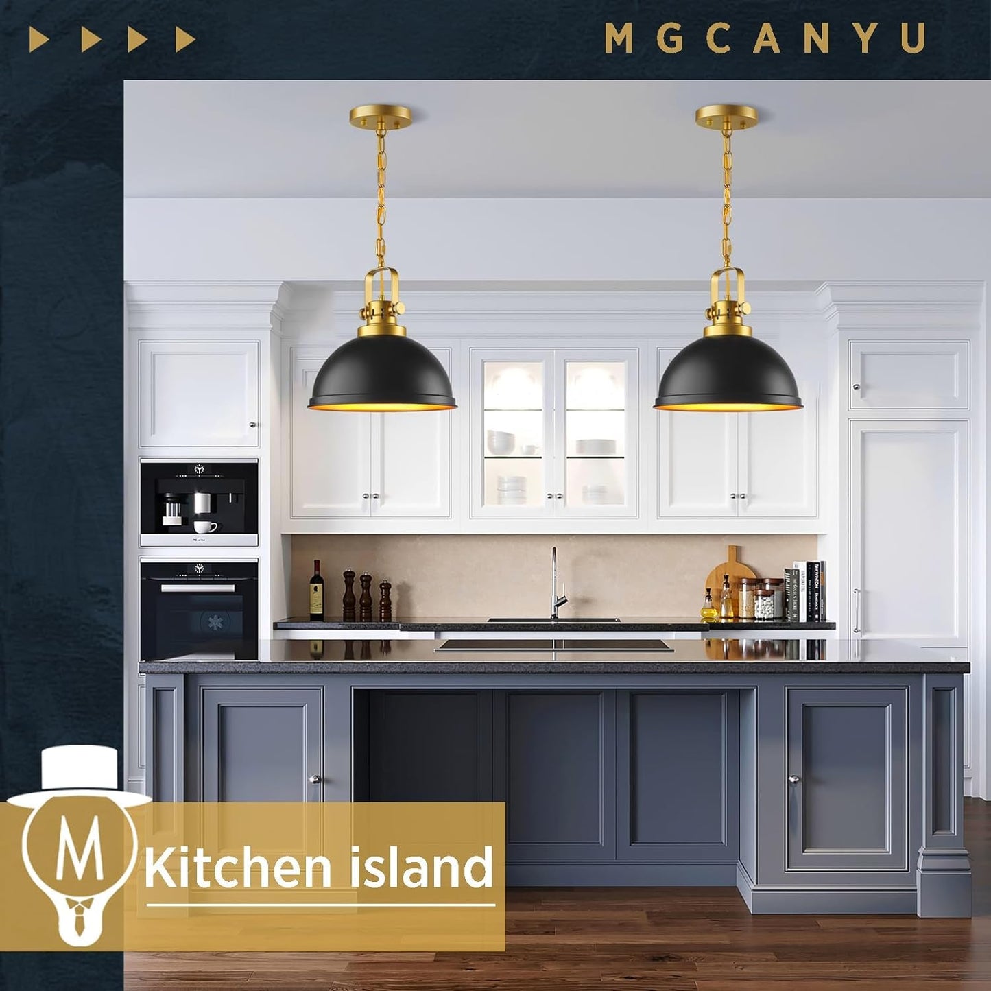 Mgcanyu 2-Pack Black Gold Pendant Lighting  Farmhouse Metal Pendant Lights Modern Matte Black Dome Industrial Light Fixture For Kitchen Island Restaurant Dining Room Hallway Entrance