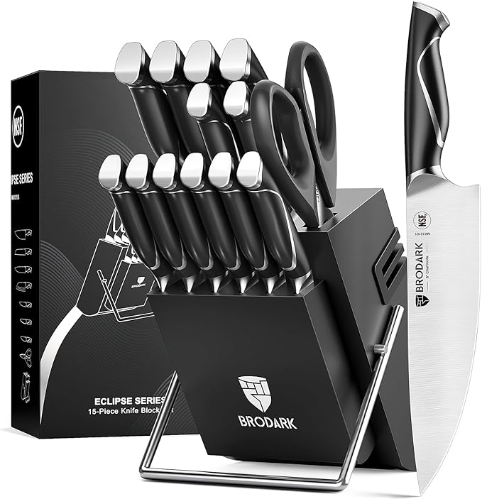 BRODARK Kitchen Knife Sets with Block and Built-in Sharpener - 15 Pcs Full Tang Professional Chef Knife Set - NSF Certified Food Grade Stainless Steel Cutlery Set - Eclipse Series