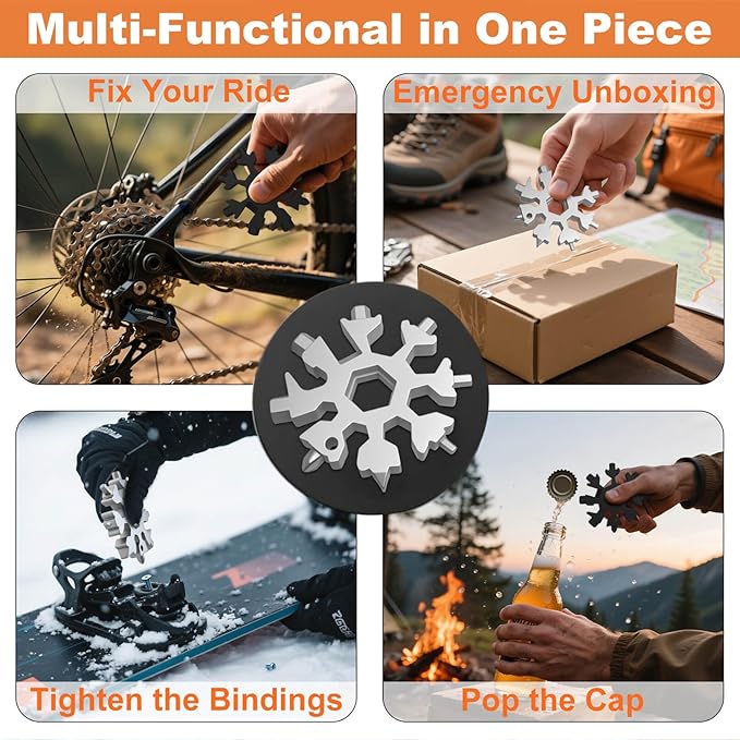 Snowflake Multi Tool 2 Pack - Stainless Steel 18 in 1 Multitool with Carabiner,Bottle Opener & Wrench,Stocking Stuffers for Men,White Elephant Gifts, Christmas Gifts for Him(Silver + Black)