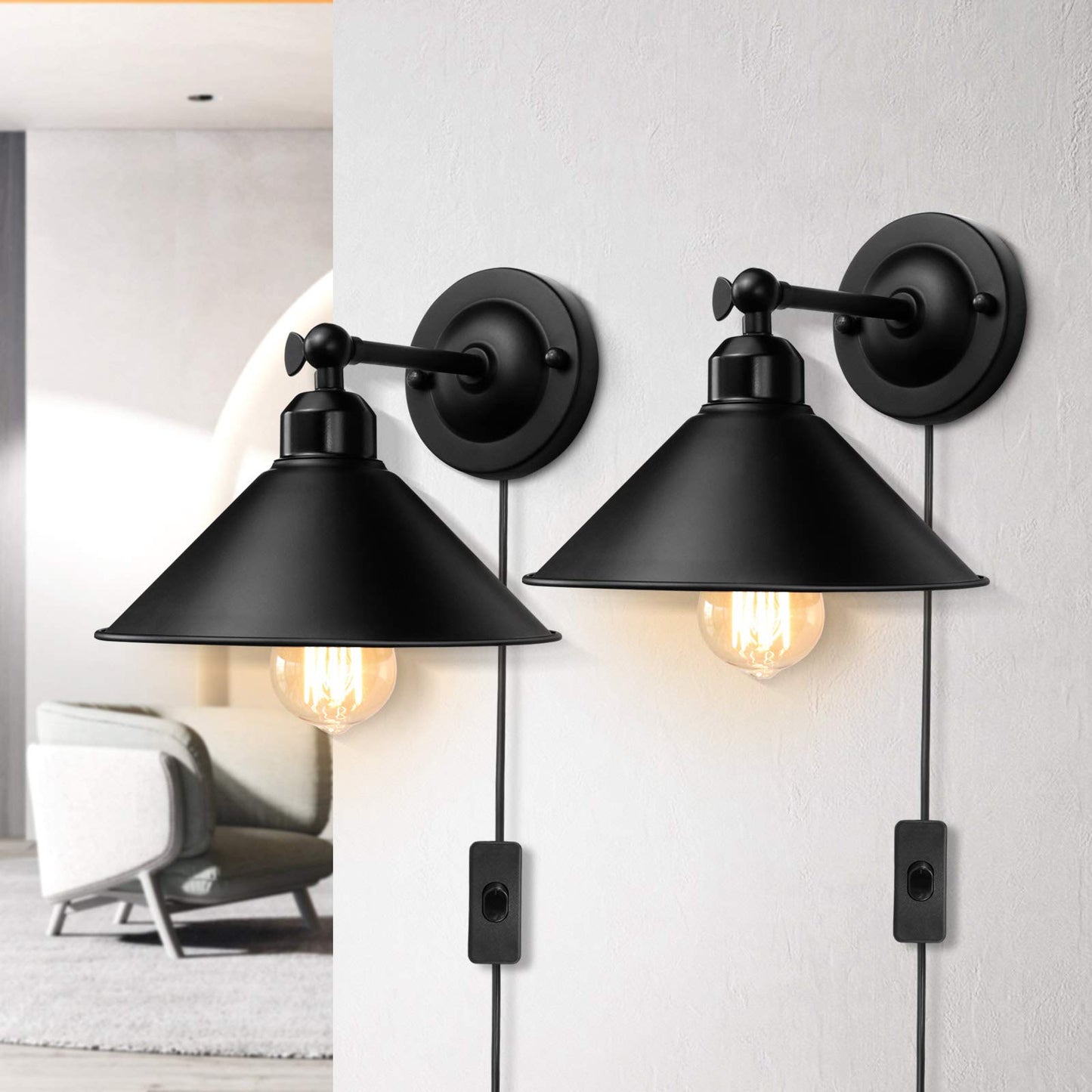 AEOREAL Plug in Wall Sconce, Antique Swing Arm Light Fixture, E26 Base, 2 Pack, Black