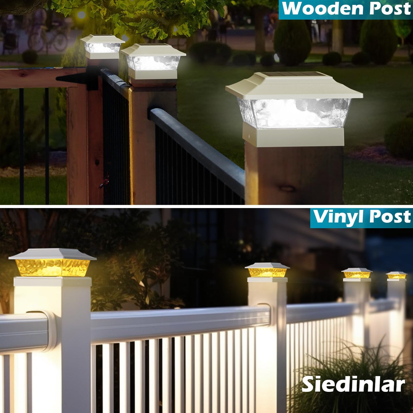 Siedinlar Solar Post Lights Outdoor 12 Leds 4 Modes Post Cap Light For 4X4 5X5 6X6 Wooden Vinyl Fence Deck Posts Garden Patio Decor  Warm/Cool White Dynamic Lighting (1 Pack  White)