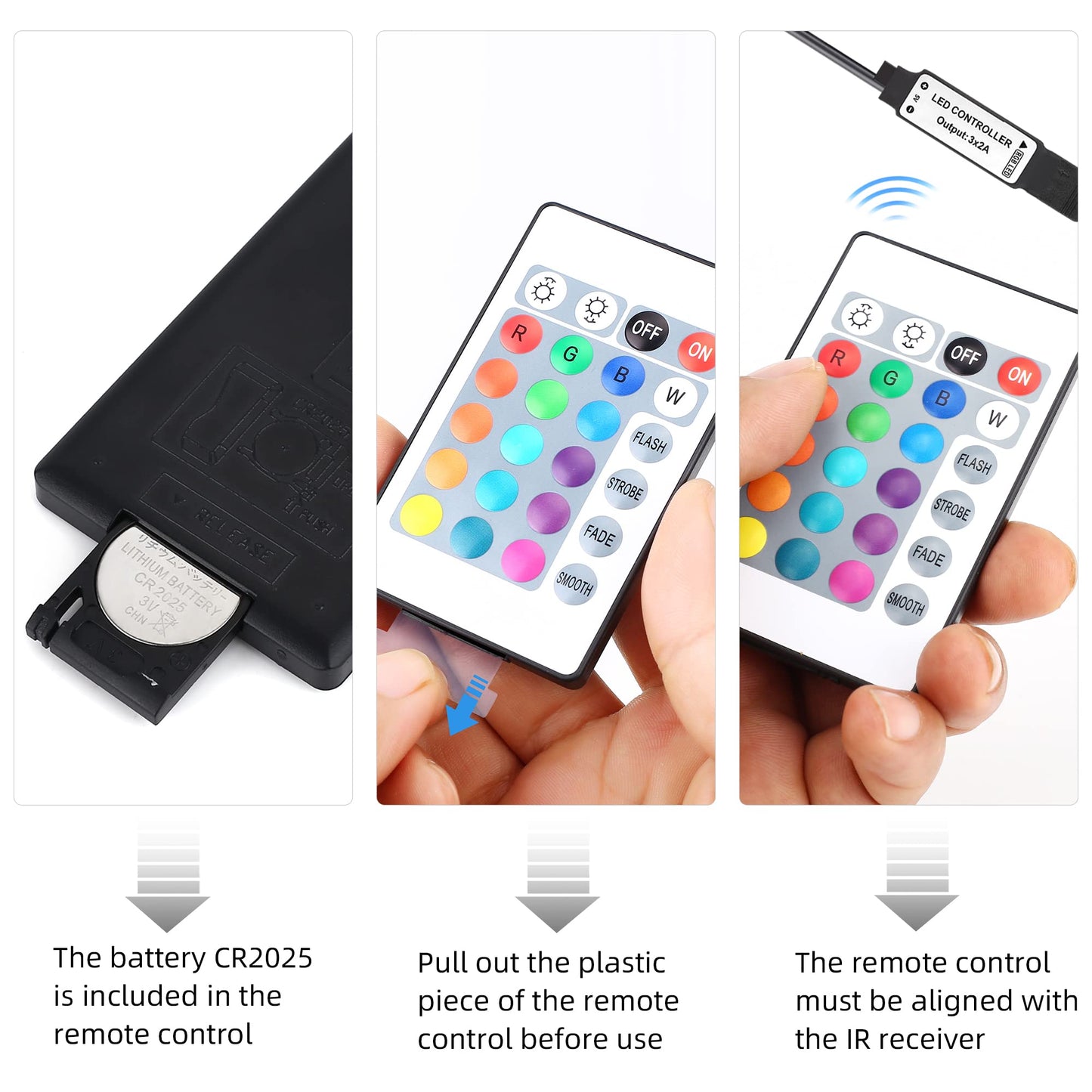 Rgbzone 5V Usb Rgb Led Controller With Ir Remote, 1M 4-Pin For 5050 2835 5630 Led Strip Lights, 24 Keys, Plastic