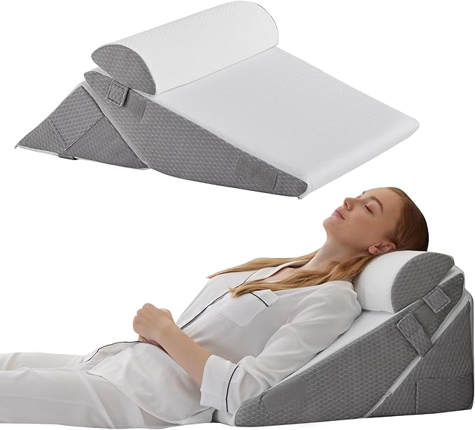 3Pcs Orthopedic Bed Wedge Pillow Set, Foam Wedge Pillow Post Surgery for Back, Leg and Knee Support, Adjustable 9&12 Inch Folding Triangle Pillow for Sleeping, Acid Reflux, Snoring, White/Grey