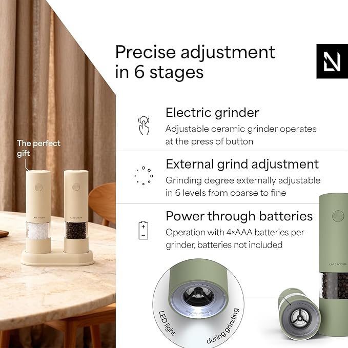 LARS NYSØM Electric Salt and Pepper Grinder Set I Automatic Salt and Pepper Mills with Adjustable Ceramic Grinder I AAA-Battery Operated Electric Spice Mill Set (Sage Green)