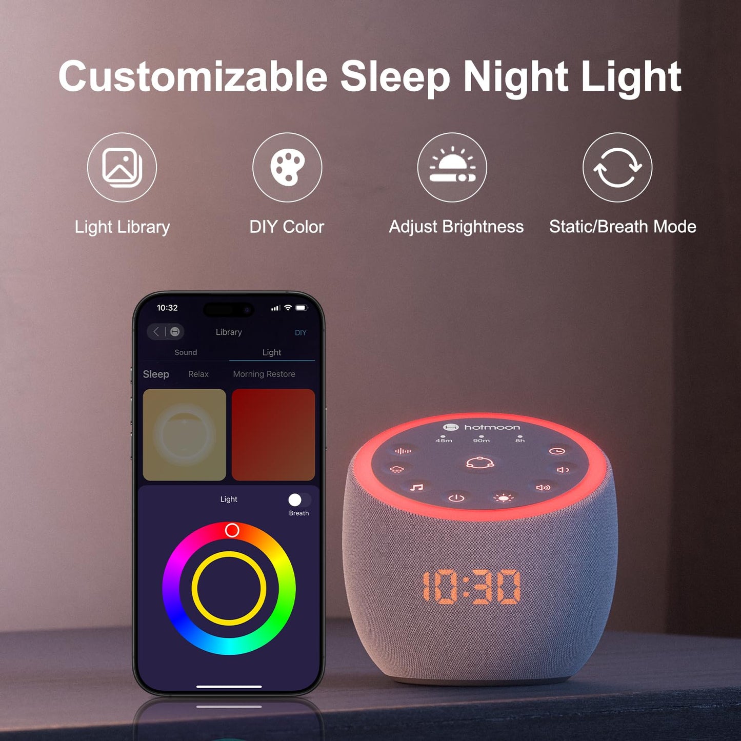 Hotmoon Sound Machine 388 Soothing Sounds White Noise Machine for Babies & Adults, Smart Night Light, Sleeping Timer App Control, Brown Noise Pink Noise Block Out Office Yoga, Plug-in
