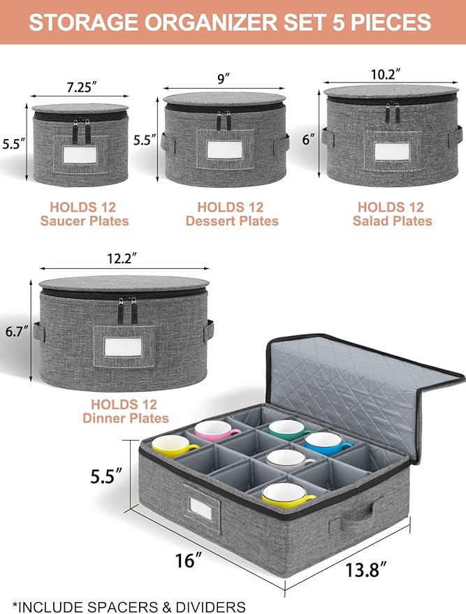Cirhy Reinforced China Storage Containers, 5-Piece Dinnerware & Mug Organizer Set with Quilted Padding and Felt Dividers, Stackable Boxes for Dishes, Cups & Fine China, Ideal for Moving and Kitchen