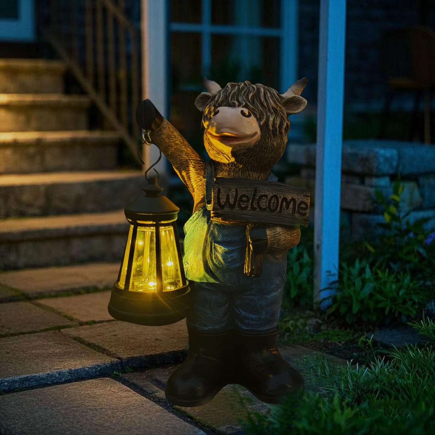 Solar Garden Statues -Highland Cow Lantern Outdoor Handmade Resin Statue With Led Light  And Welcome Holder For Patio  Yard  Gift Ideas (Cow2)