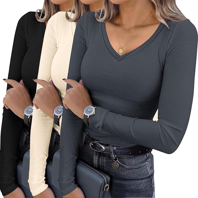 Ekouaer Womens 3 Pack Long Sleeve Shirts V Neck Ribbed Slim Fit Basic Tops Thermal Undershirts Casual Tee XS-XXL