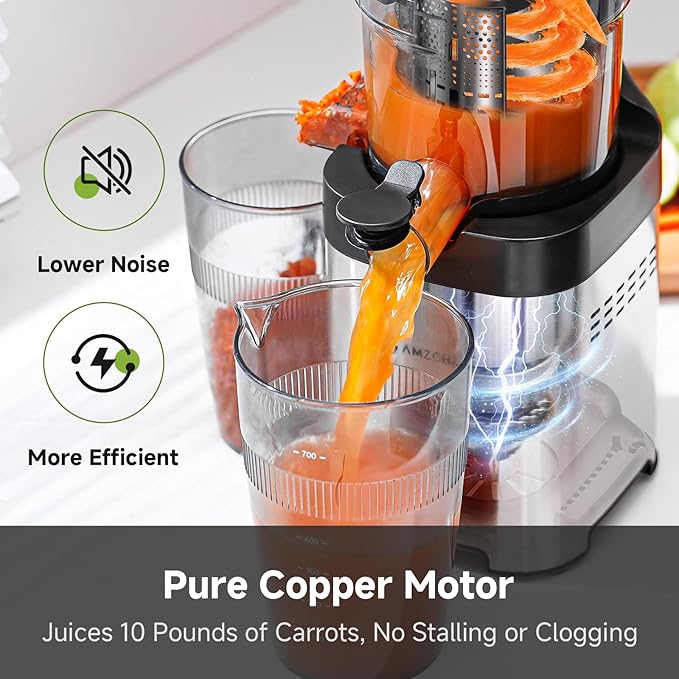 Cold press Juicer Machines with 5.2" Extra Self-Feeding for Whole Vegetable & Fruit, Juice Extractor with Large Auger & Triple Strainers, Easy to Clean, High Juice Yield, Stainless Steel Silver