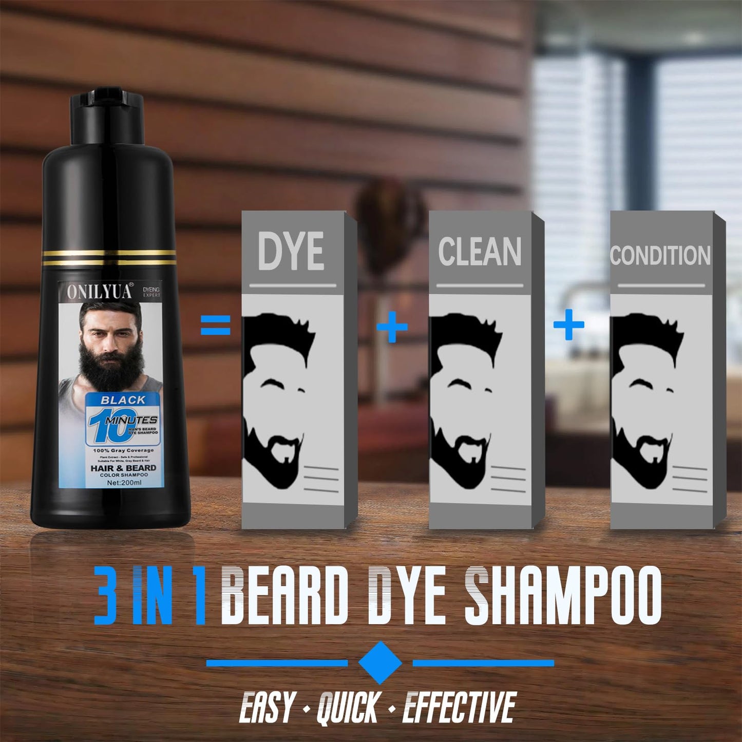 Mens Beard & Mustache Dye Shampoo, Instant 100% Grey Hair Coverage, 3 in 1 Black Beard Color Shampoo for Men Facial Hair, Easy t