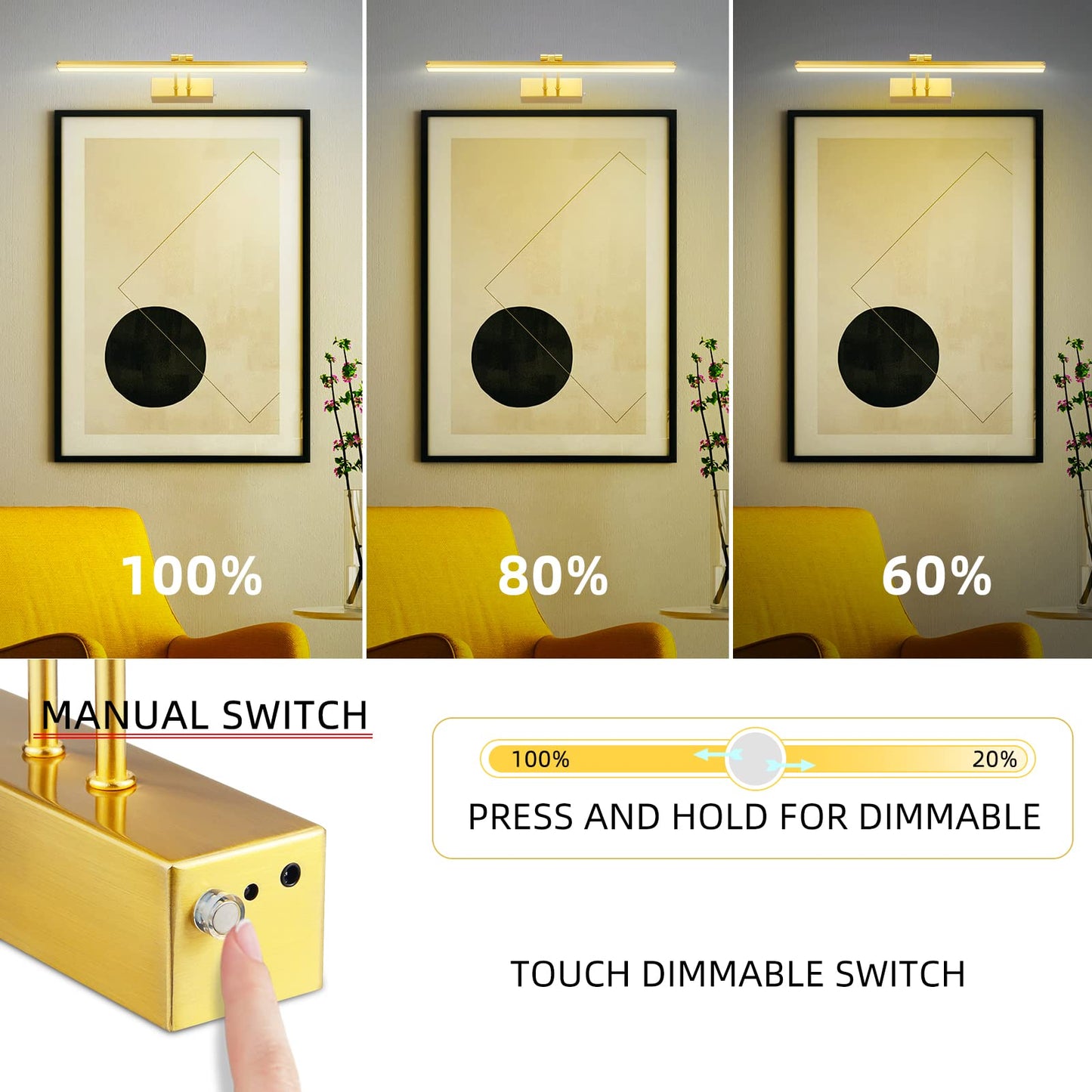 FUNCHDAY Picture Light, 20in Wireless Remote Art Light, Dimmable, Brass, Model FC70184